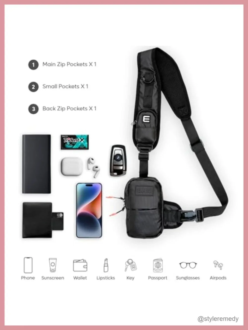Water-Resistant Nylon Crossbody Sling Bag with Multiple Pockets, Adjustable